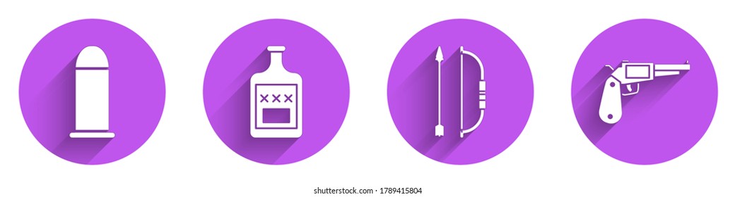 Set Bullet, Whiskey bottle, Bow and arrow in quiver and Revolver gun icon with long shadow. Vector