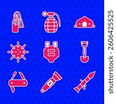 Set Bulletproof vest, Flashlight, Rocket launcher, Sapper shovel, Swiss army knife, Naval mine, Military medical tent and Cocktail molotov icon. Vector