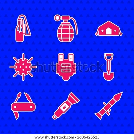 Set Bulletproof vest, Flashlight, Rocket launcher, Sapper shovel, Swiss army knife, Naval mine, Military medical tent and Cocktail molotov icon. Vector