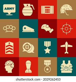 Set Bulletproof vest, Jet fighter, Target sport, Dynamite bomb, Military beret, Brass knuckles, army and Gas mask icon. Vector