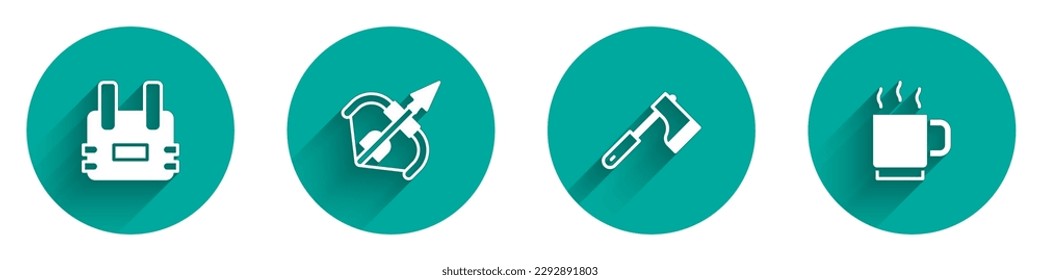 Set Bulletproof vest, Medieval bow and arrow, Wooden axe and Coffee cup icon with long shadow. Vector