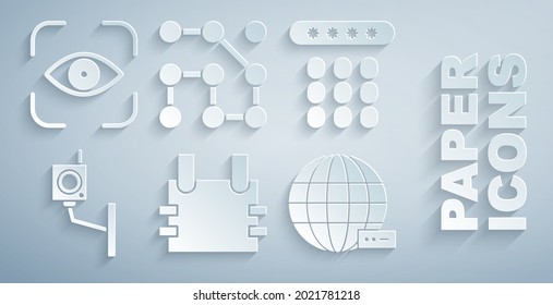 Set Bulletproof vest, Password protection, Security camera, Social network, Graphic password and Eye scan icon. Vector