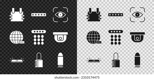 Set Bulletproof vest, Password protection, Eye scan, Flasher siren, Safe combination lock, Social network and  icon. Vector