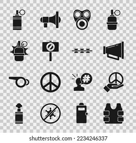 Set Bulletproof vest, Peace, Megaphone, Gas mask, Protest, Hand grenade,  and Barbed wire icon. Vector