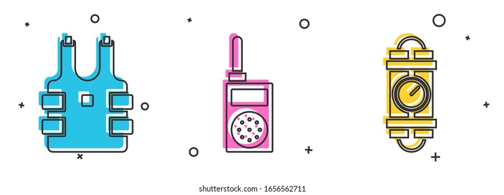 Ajuste chaleco antibalas para protección contra balas , Walkie talkie y Detonate dinamita bomba stick e icono de reloj con temporizador. Vector