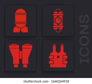 Die kugelsichere Weste zum Schutz vor Kugeln , Luftbombe , Detonate-Dynamitbombe-Stick und Timer-Uhr und Binocularsymbol. Vektorillustration