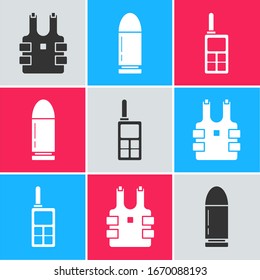 Set Bulletproof vest for protection from bullets , Bullet  and Walkie talkie  icon. Vector