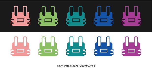 Set Bulletproof vest for protection from bullets icon isolated on black and white background. Body armor sign. Military clothing.  Vector