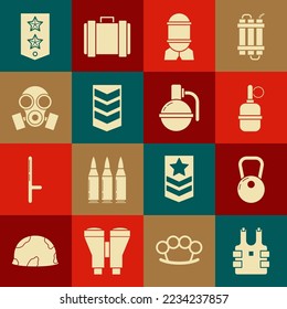 Die kugelsichere Weste zum Schutz vor Kugeln, Kettlebell, Handgranate, Luftbombe, Militärwaffe, Gasmaske, Chevron und Icon. Vektorgrafik