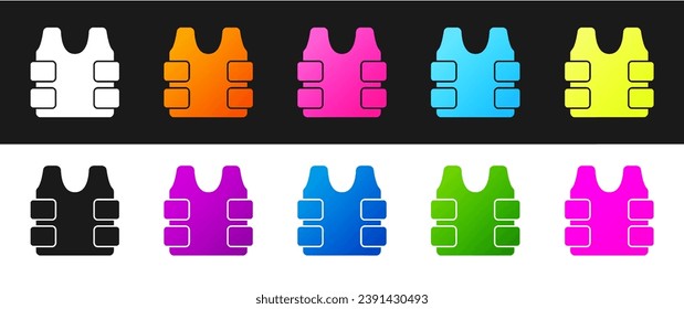 Set Bulletproof vest for protection from bullets icon isolated on black and white background. Body armor sign. Military clothing.  Vector