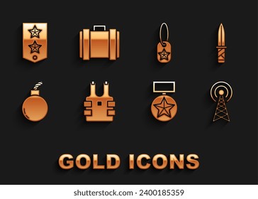 Set Bulletproof vest for protection from bullets, Military knife, Radar, reward medal, Bomb ready to explode, dog tag, Chevron and ammunition box icon. Vector