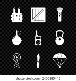 Set Bulletproof vest for protection from bullets, Military ammunition box, Flashlight, Radar, knife, Parachute, Hand grenade and Walkie talkie icon. Vector