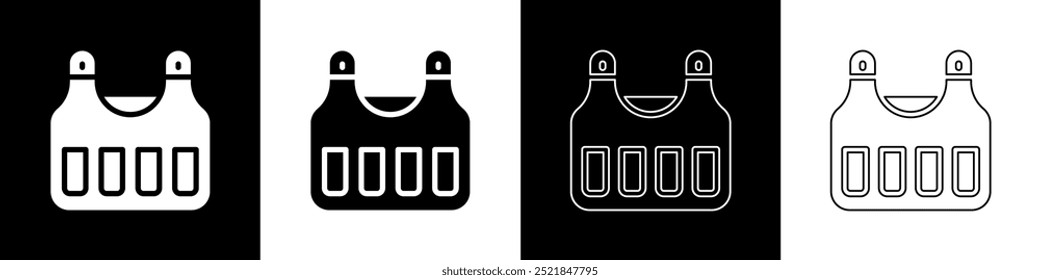 Set Bulletproof vest for protection from bullets icon isolated on black and white background. Body armor sign. Military clothing.  Vector