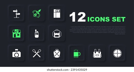 Set Bulletproof vest, Sniper optical sight, Lighter, Coffee cup, Hunting shop, Burning match with fire, Medieval bow and arrow and Canteen water bottle icon. Vector