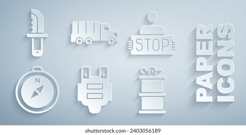 Set Bulletproof vest, Stop war, Compass, Hand smoke grenade, Military truck and knife icon. Vector