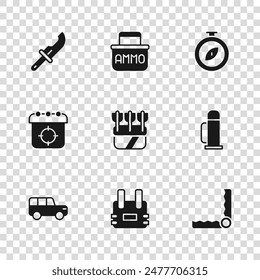 Set Bulletproof vest, Thermos container, Trap hunting, Quiver with arrows, Compass, Hunter knife, Ammunition box and Target sport icon. Vector