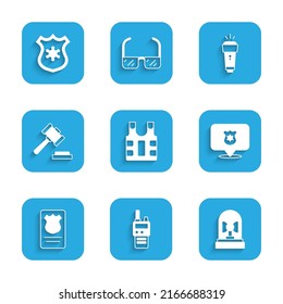 Set Bulletproof vest, Walkie talkie, Flasher siren, Police badge, with id case, Judge gavel, Flashlight and  icon. Vector
