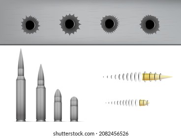 Set of bullets and bullet holes. Bullet flying with high speed