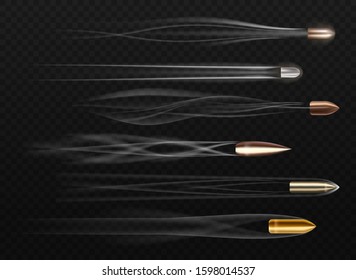 Set of bullets on transparent. Realistic gun fire with smoke trail. Rifle or weapon flame trail. Caliber cartridge shooting fiery trace. Speed, fast projectiles. Ammo, military, army pellet.Ammunition