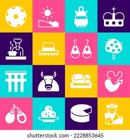 Set Bullfight, matador, Spanish wineskin, Orange tree, Sangria pitcher, hat, cook, Football ball and Earrings icon. Vector