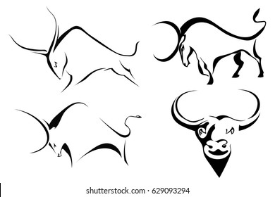 Set of bulls. Abstract stylized buffalo on a white background. Vector illustration