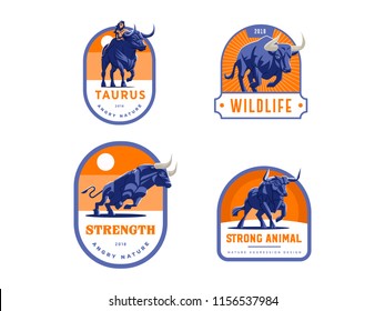 Set of bulls and buffalo in different poses. Vector illustration.