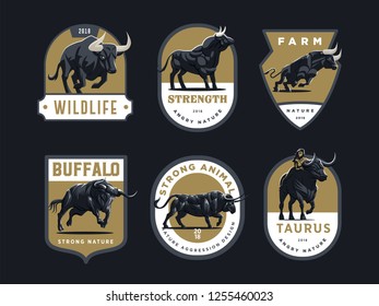 Set of bulls and buffalo in different poses. Vector illustration. Badges.