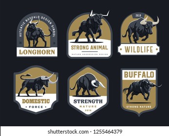 Set of bulls and buffalo in different poses. Vector illustration. Badges.