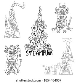 Set of bulls and Christmas tree in the style of Steampunk. vector line illustration hand-drawn. Chinese New year in the style of steampunk. Elements for coloring books for children, greeting cards
