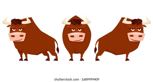 Set of bulls in different poses. Farm animals in cartoon style.