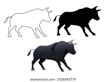 Set of bulls. Silhouettes and drawing of bull isolated on white background. Vector illustration