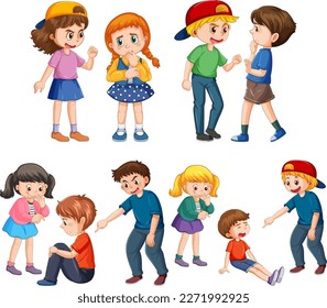 Set of bully kids cartoon character illustration