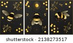 Set of bumblebee vector drawing in gold colors. Highly detailed vector hand drawn illustration. Bohemian style.