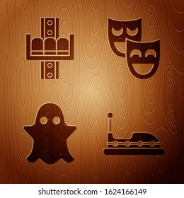 Set Bumper car, Attraction carousel, Ghost and Comedy theatrical masks on wooden background. Vector