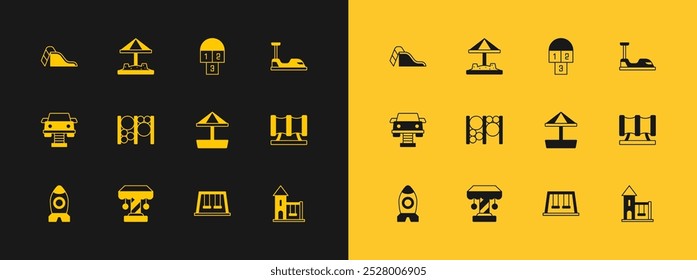 Conjunto de coche de parachoques, carrusel de atracción, Sandbox con arena, columpios para niños, equipo de escalada de patio, rayuela, patio de deslizamiento e icono. Vector