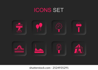 Set Bumper car, Balloons with ribbon, Attraction carousel, Ice cream, Lollipop, Circus tent, Cotton candy and Roller coaster icon. Vector