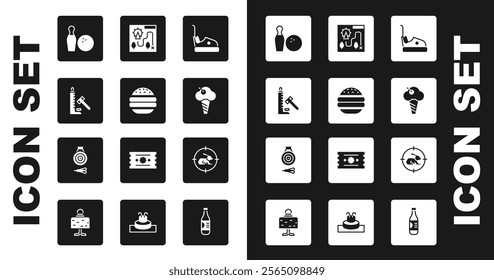 Set Bumper car, Burger, Striker attraction with hammer, Bowling pin and ball, Ice cream waffle cone, Amusement park map, Hunt rabbit crosshairs and Classic dart board arrow icon. Vector