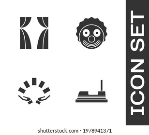 Set Bumper car, Circus curtain raises, Hand holding playing cards and Clown head icon. Vector