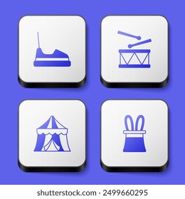 Set Bumper car, Drum with drum sticks, Circus tent and Magician hat and rabbit ears icon. White square button. Vector