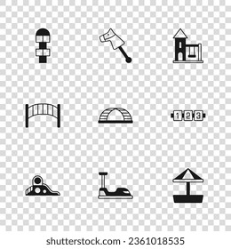 Set Bumper car, Education logic game, Sandbox with sand, Monkey bar, Swing for kids, Hopscotch, Toy horse and Playground bridge icon. Vector