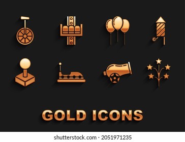 Set Bumper car, Firework rocket, Fireworks, Cannon, Joystick for arcade machine, Balloons with ribbon, Unicycle one wheel bicycle and Attraction carousel icon. Vector