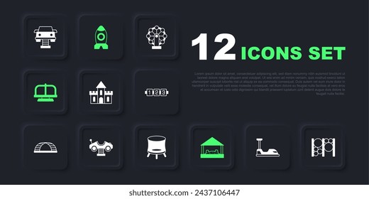 Set Bumper car, Playground climbing equipment, Sand castle, Sandbox with sand, Attraction carousel, Swing, Rocket ship toy and Jumping trampoline icon. Vector