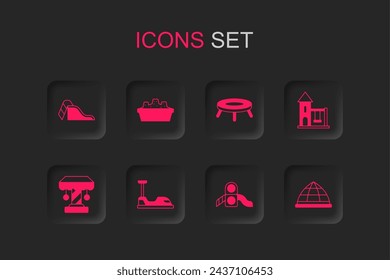 Set Bumper car, Sandbox with sand, Slide playground, Swing for kids, Playground climbing equipment, Jumping trampoline and Attraction carousel icon. Vector