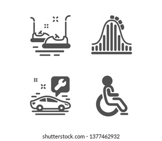 Set of Bumper cars, Car service and Roller coaster icons. Disabled sign. Carousels, Repair service, Attraction park. Handicapped wheelchair.  Classic design bumper cars icon. Flat design. Vector