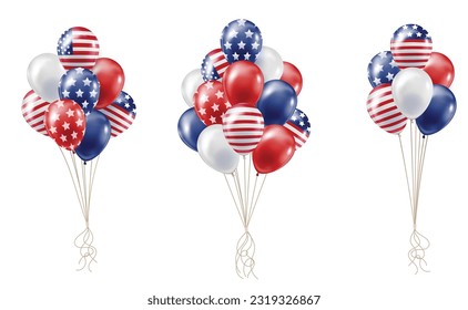 Set of bunch balloonswith prints of the US flag, July 4th Independence Day. Holiday decoration.