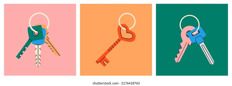 Set of bunch of different house keys. Different square posters with hand drawn house keys bunch. Modern door keys isolated on colored background.