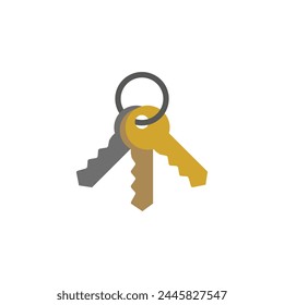 A set and a bunch of door keys. Silver, gold and bronze keys on a ring. Vector on white background.