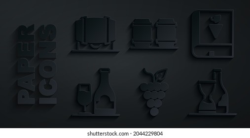 Set Bunch of grapes, Book about, Wine bottle with glass, Bottle wine, Wooden barrel for and  icon. Vector