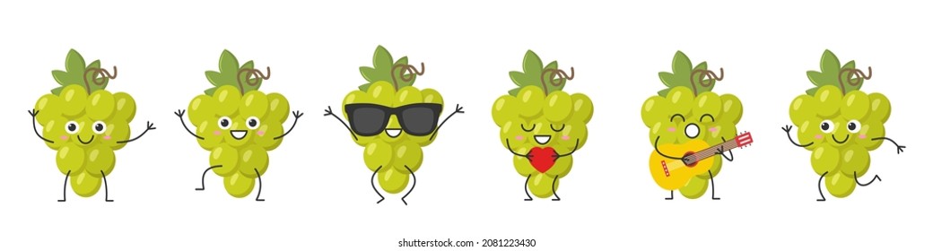 Set bunch grapes greeting jumping loves sings running cute funny character cartoon smiling face happy joy emotions ripe juicy symbol wine beautiful icon vector illustration.
