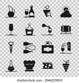 Set Bunch of grapes, Sommelier, Wooden barrel for wine, Grapes, Old bottle, Wine glass, Decanter and tasting, degustation icon. Vector